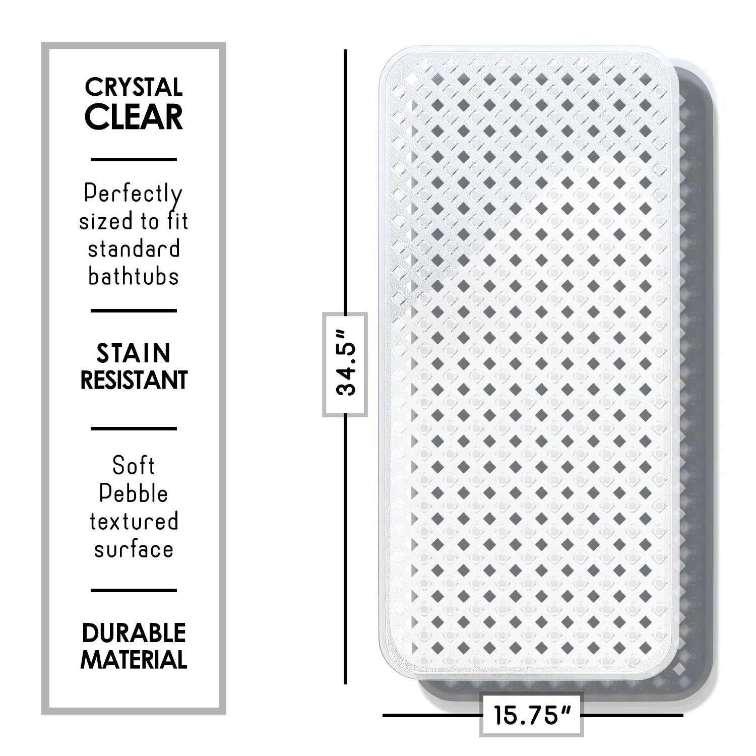 Virtu Non-Slip Mold Resistant Bathtub Mat with Suction Cups and Drain Holes, Heavy Duty Shower Mat, Clear